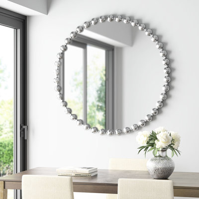 Round Beaded Mirror 36" - Modern Style With Antique Silver Accents Wall Metallic Frame For A Look