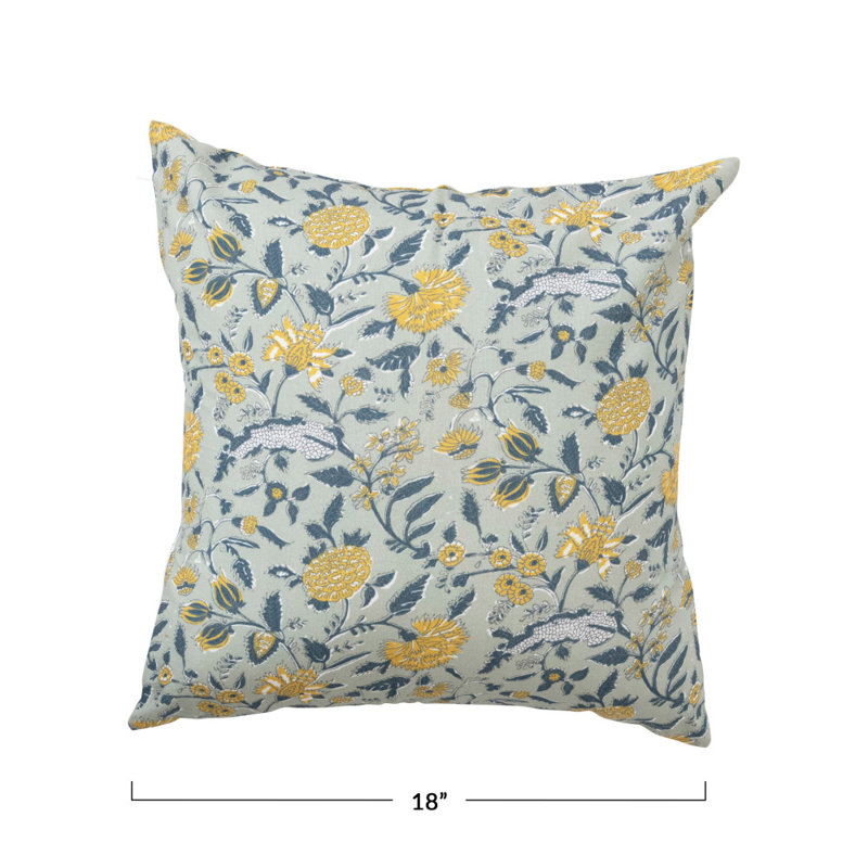 Square Embroidered Cotton Pillow with Floral Pattern