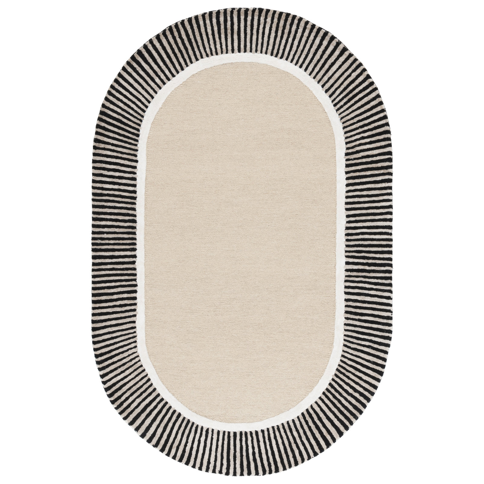 107 Hand Tufted Wool/Viscose/Cotton Striped Rug in Beige/Black, Oval 6' x 9'