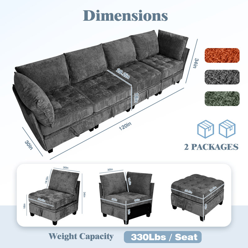 Canapé modulaire en chenille 4 pièces avec siège de rangement et canapé modulaire 4 pièces, Gris