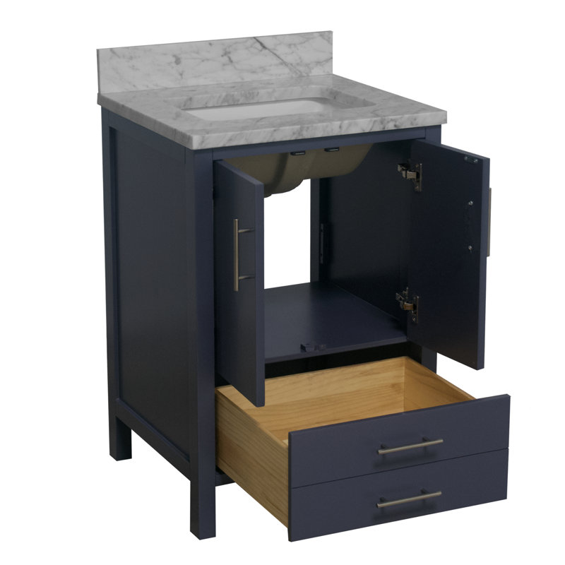 Ensemble de meuble-lavabo simple 24 po Kiara, Gris marine, Marbre de Carrare