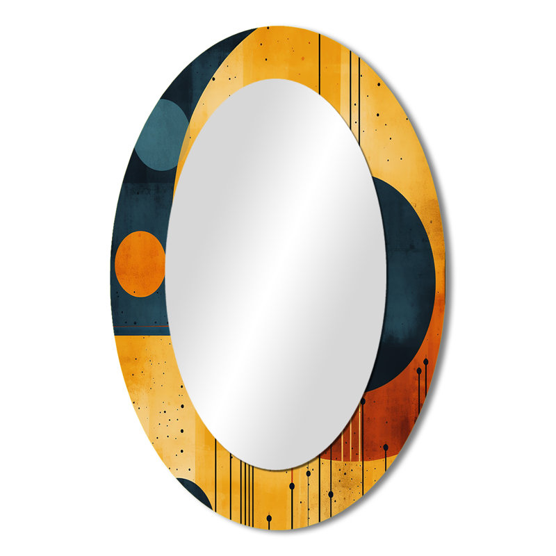 Midcentury Geometric Abstract In Retro Orange II - Gold Mid-Century Oval Wall Mirror, 36" x 24"