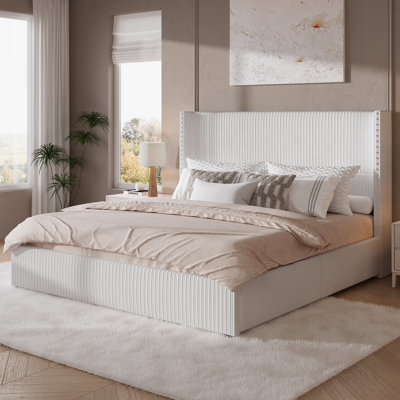 Upholstered Corduroy Bed with 4 Storage Drawers, King Size Platform Bed with Wingback Headboard, White