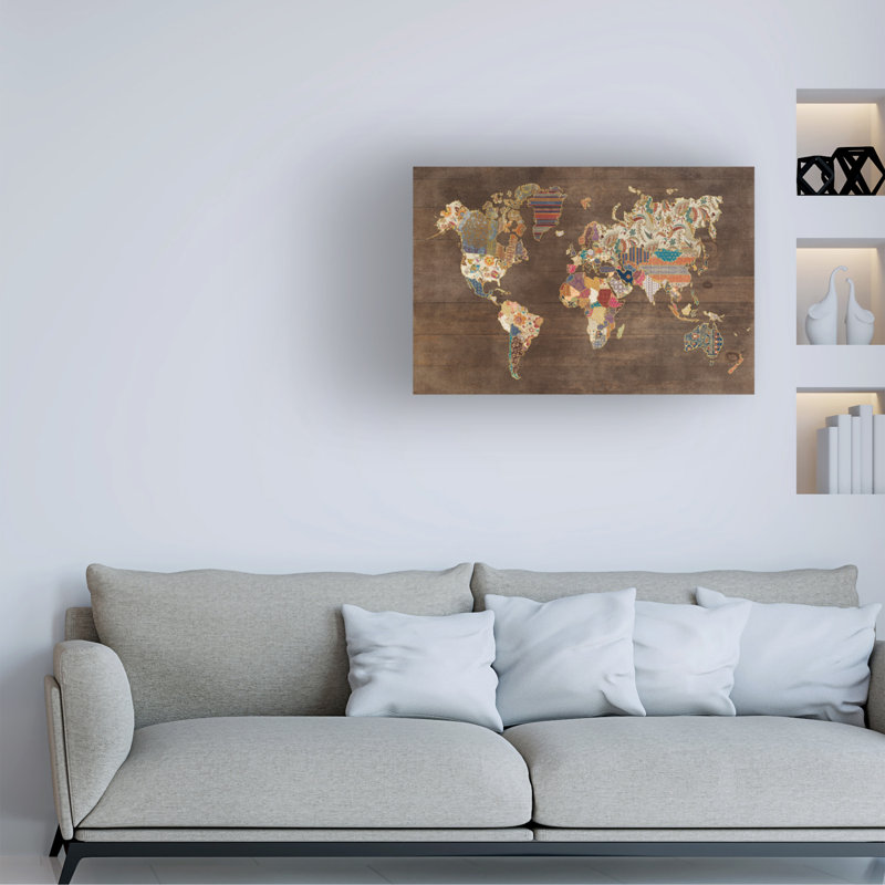 Motif, carte du monde sur bois par Laura Marshall - impression sur toile tendue, H 16 po x l 24 po x P 2 po
