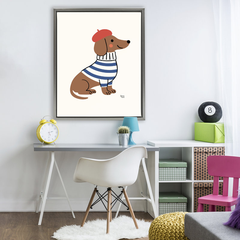 Teckel français dans un cadre flottant béret, design par Jessica Beck, H 31 po x l 25 po, Cadre flottant gris lustré