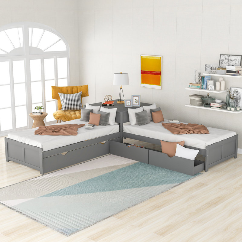 Lit plateforme en L avec lit gigogne et tiroirs reliés par un bureau intégré, simple, Gris