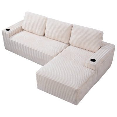Cream White 104 Inch Cloud Sectional Couch, U-shaped With Cup Holders And Storage, L-shape Chaise For Living Bedroom, Corduroy Boneless, Sponge Pocket Spring Structure, No Assembly Needed Boneless