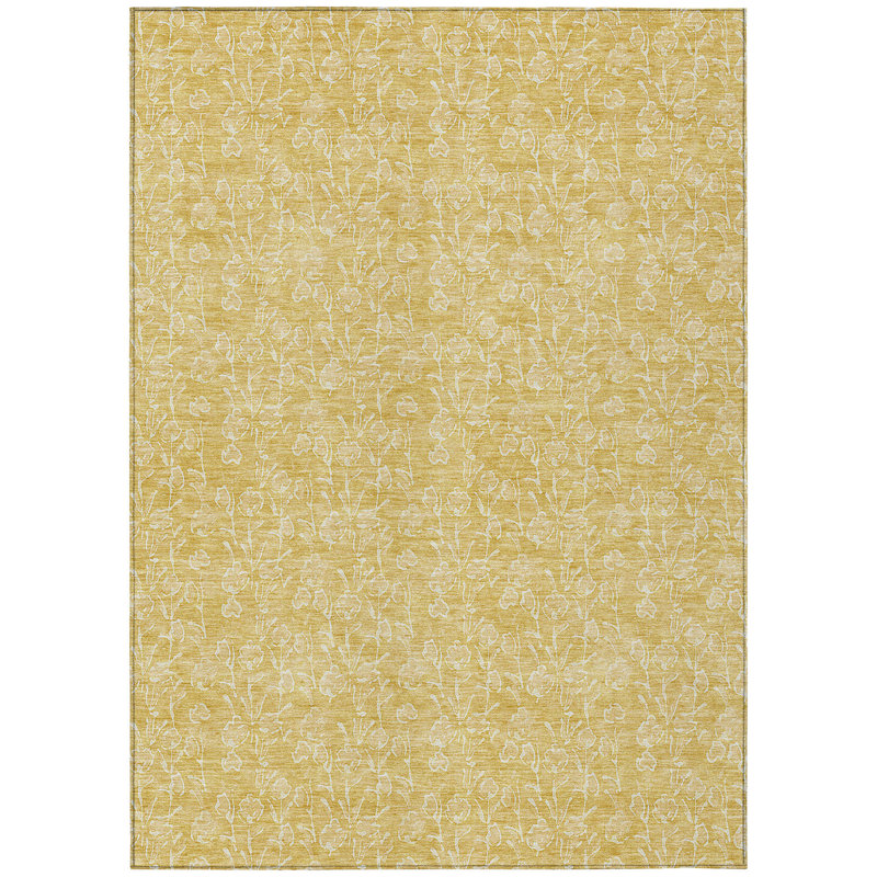 Tapis intérieur lavable floral doré et ivoire 5 pi x 8 pi