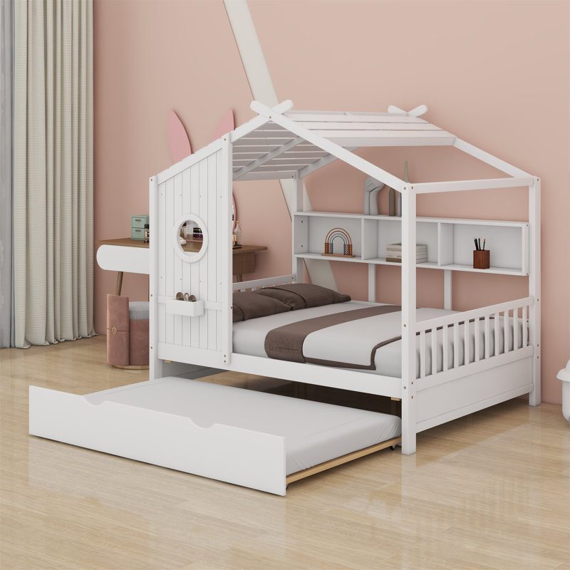 Lit de maison en bois avec lit gigogne, conception moderne pour enfants avec tablette de rangement, Double, Blanc