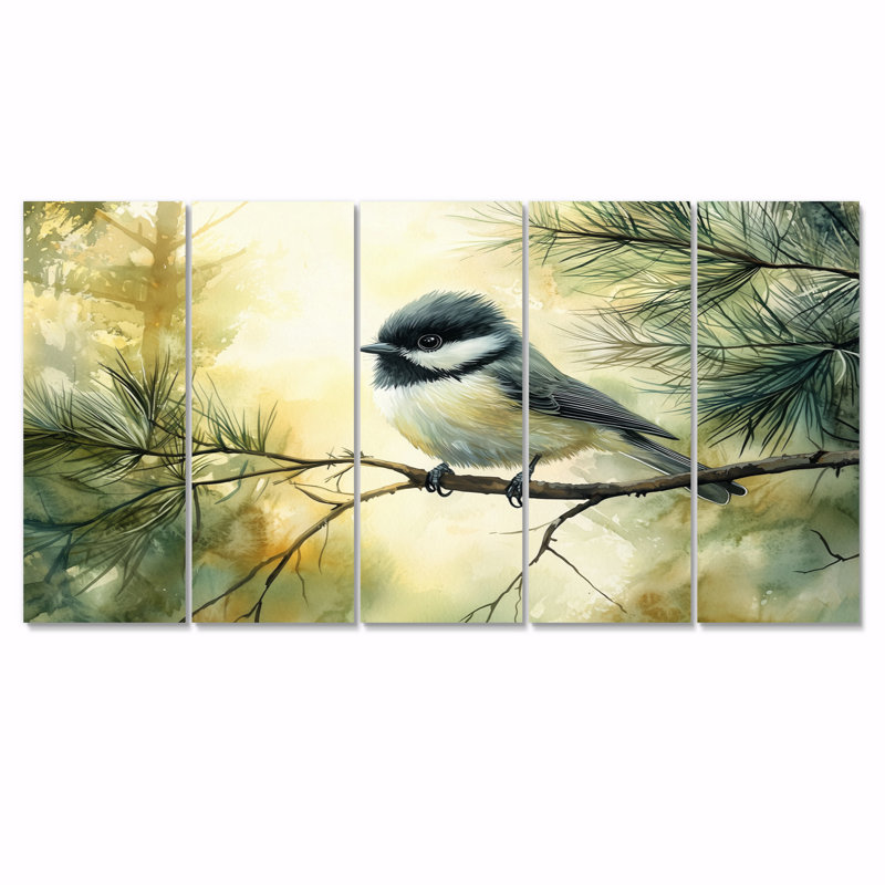 Chickadee Bird In The Autumn Pines II - Art mural oiseau - ensemble d'art mural moderne, H 28 po x l 60 po