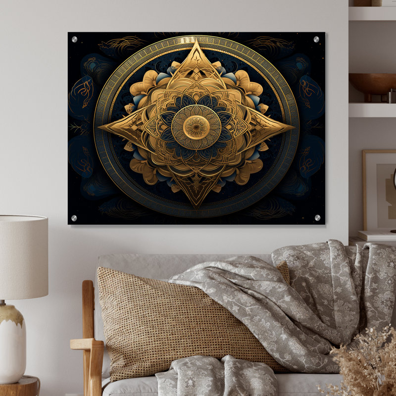 Art géométrique moderne mandala géométrique en or et bleu Nova - Boho Mandala, H 16 po x l 32 po