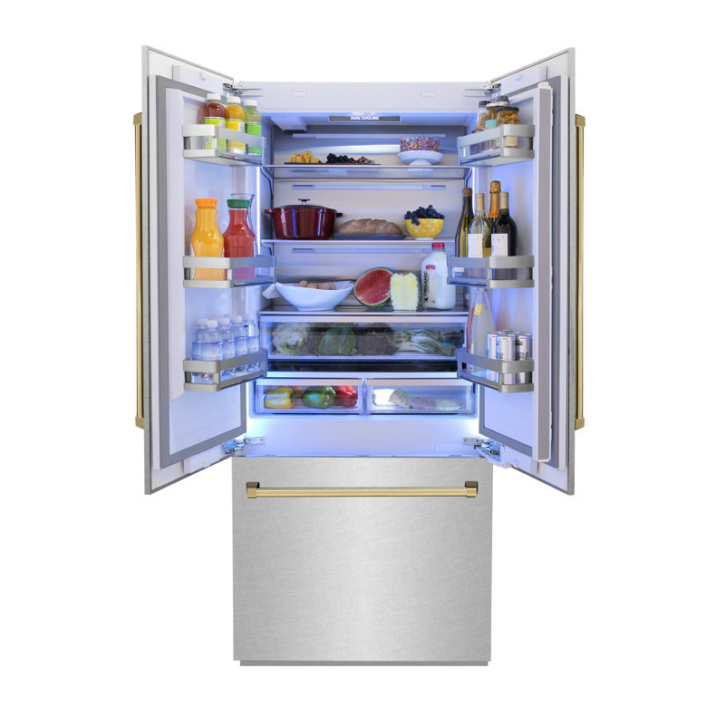 ZLINE 36 in. Built-In Refrigerator w/ Water Dispenser & Ice Maker, Gold, Satin Stainless Steel