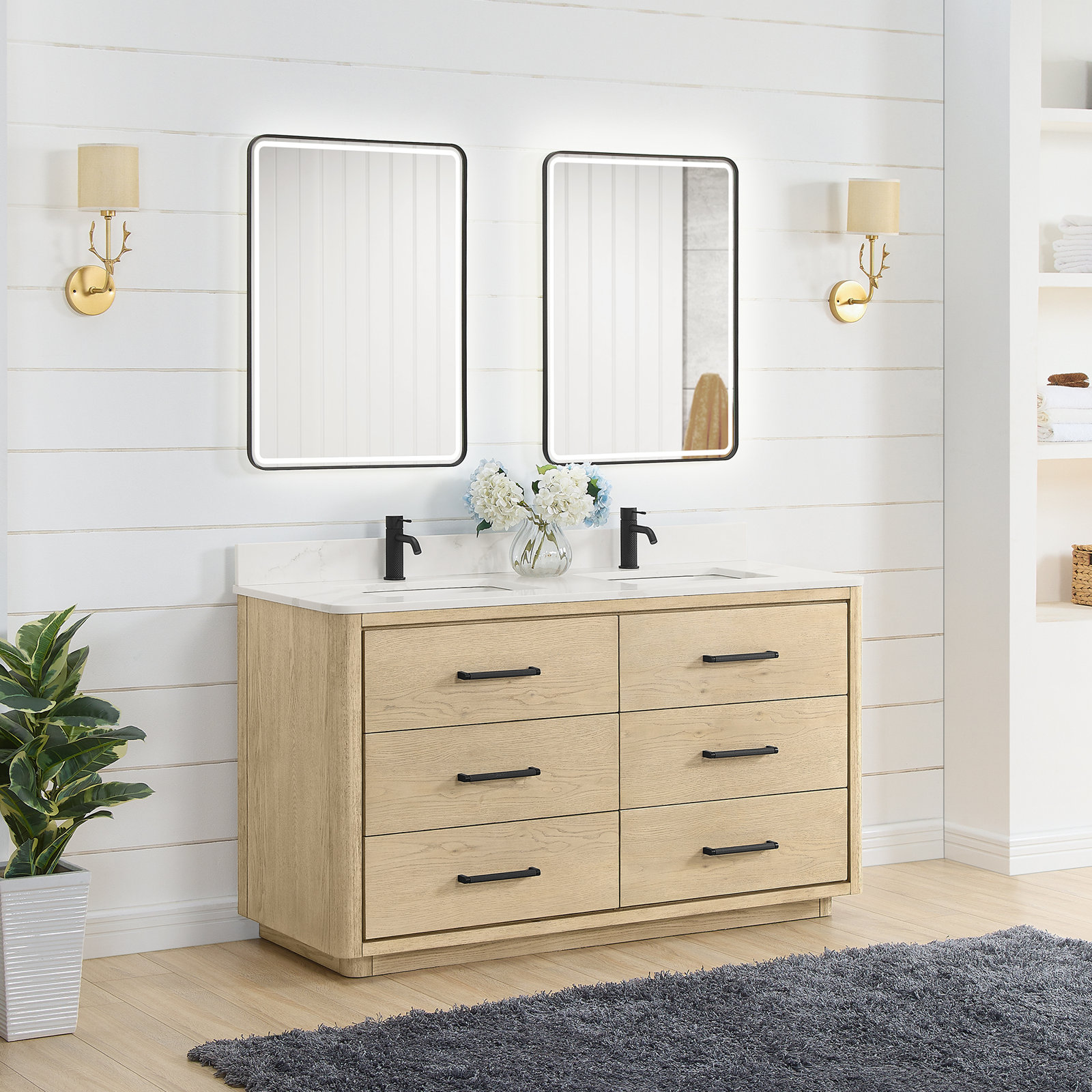 Porto 60'' Double Bathroom Vanity, Natural Oak, Matte Black