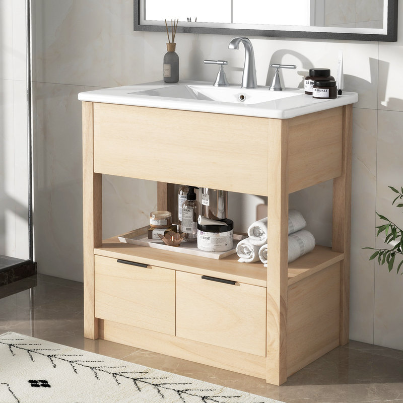 30.09 " W Freestanding Standard Free Standing Single Double Single Vanity Bathroom Vanity With Ceramic Top, Natural
