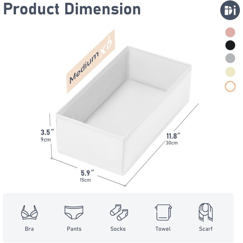 Drawer Organizer For Clothes - Underwear, Socks, Bras, Ties, And Belts Storage Box With Open Design, Side Insert Cardboard, Set Of 6 For Dresser And Wardrobe Organization