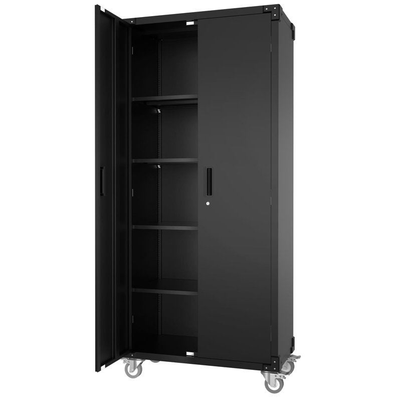 Armoire de rangement en métal 72 pouces H 72 po avec roulettes et panneau perforé, armoire de rangement roulante verrouillable à 2 portes avec 4 tablettes réglables pour garage, atelier et bureau personnel