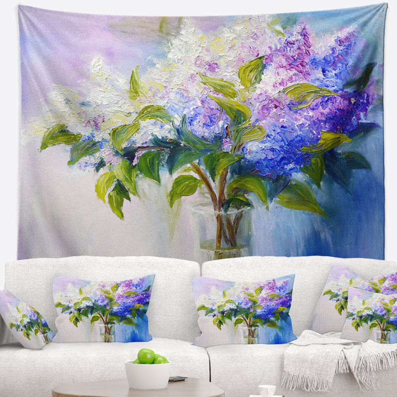 Lilacs à motif floral bleu et blanc en polyester vase tapisserie avec accessoires suspendus inclus, H 50 po x l 60 po