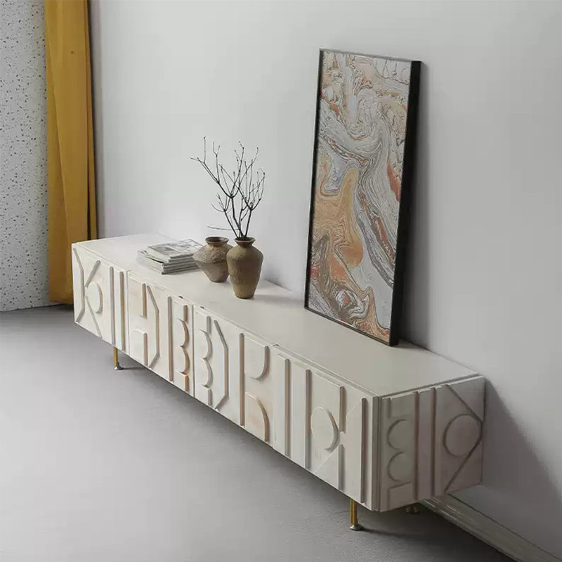 Meuble télé grande capacité en bois massif, L 62,99 po, Blanc / Blanc