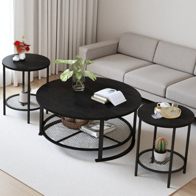3-Piece Round Coffee Table Set With 2 End Tables, Modern Nesting Table With Storage Shelf, Black Metal Frame & Wood Top, Industrial Accent Furniture For Living Room, Bedroom, Small Space