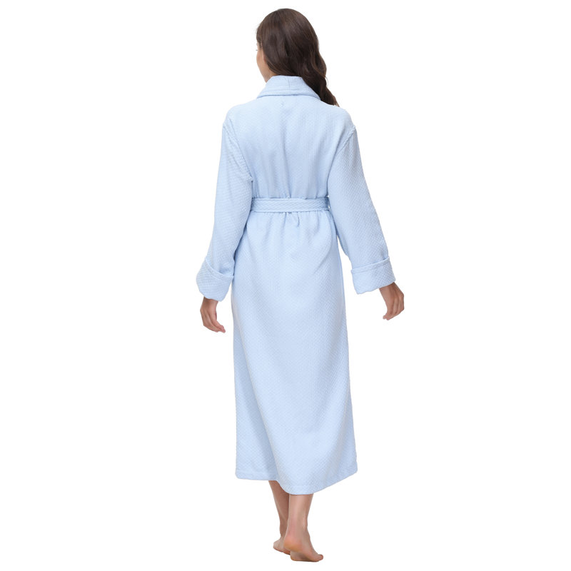 Blue Cotton Waffle Knit Ankle-Length Bathrobe