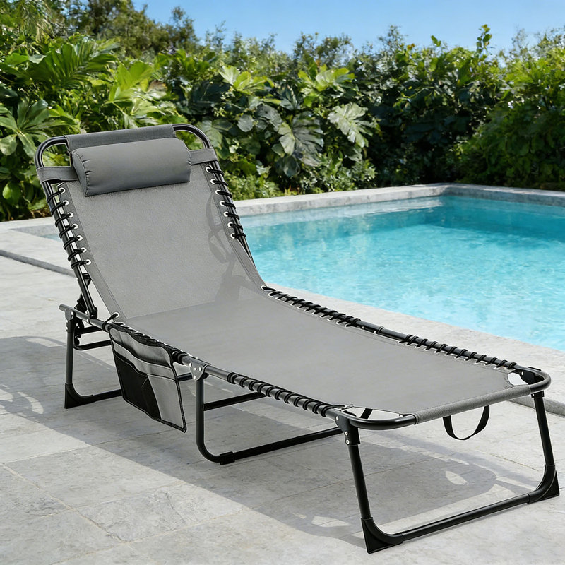 Chaise longue portative inclinable - Dossier réglable à 4 positions, avec coussin et poche latérale, chaise longue pliante pour patio, piscine, camping (supporte 260 lb)