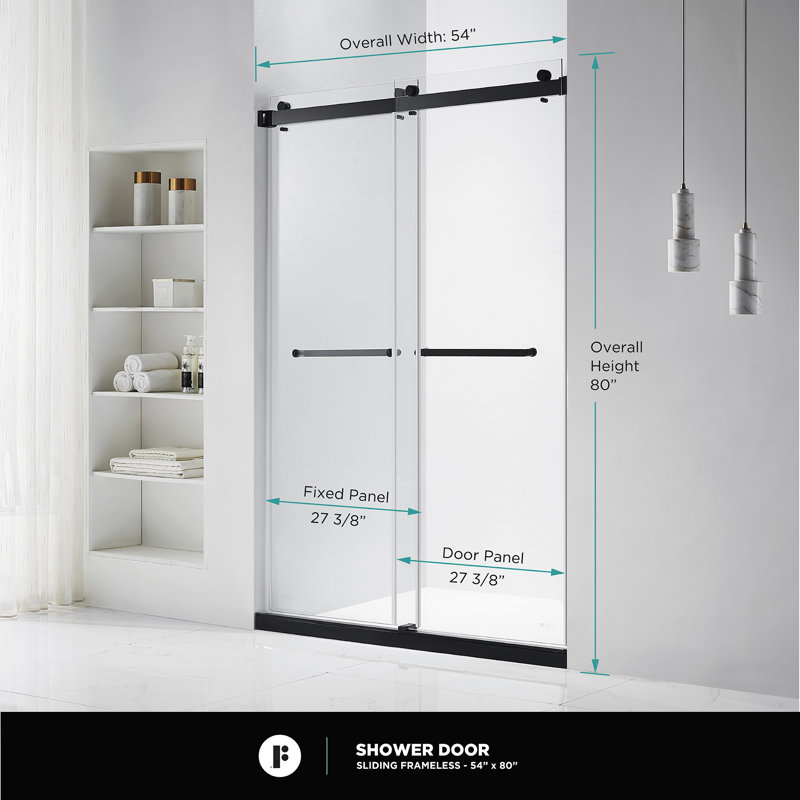 54'' W X 80'' H Double Sliding Frameless Shower Door, Black, Black