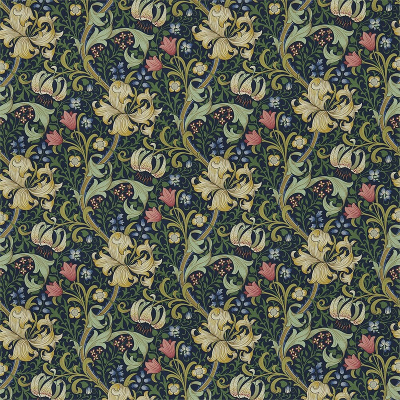 Golden Lily Fabric, Midnight/Green