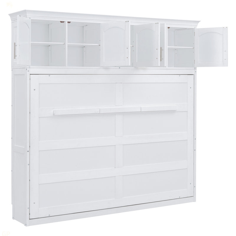 Murphy Bed Wall Bed With Top Cabinets, White, Queen