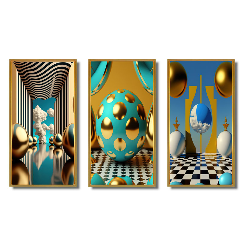 «Golden Spheres Infinity», 3 pièces sur toile, Or, H 40 po x l 60 po