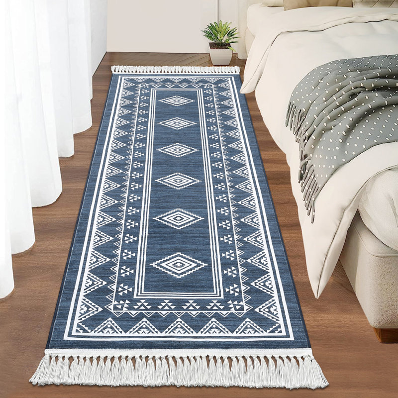Tassel Area Rugs Washable Bordered Accent Carpet with Non-Slip Backing, Stain-Resistant Farmhouse Floor Cover, Soft Low Pile Indoor Mat for Bedroom, Living Room