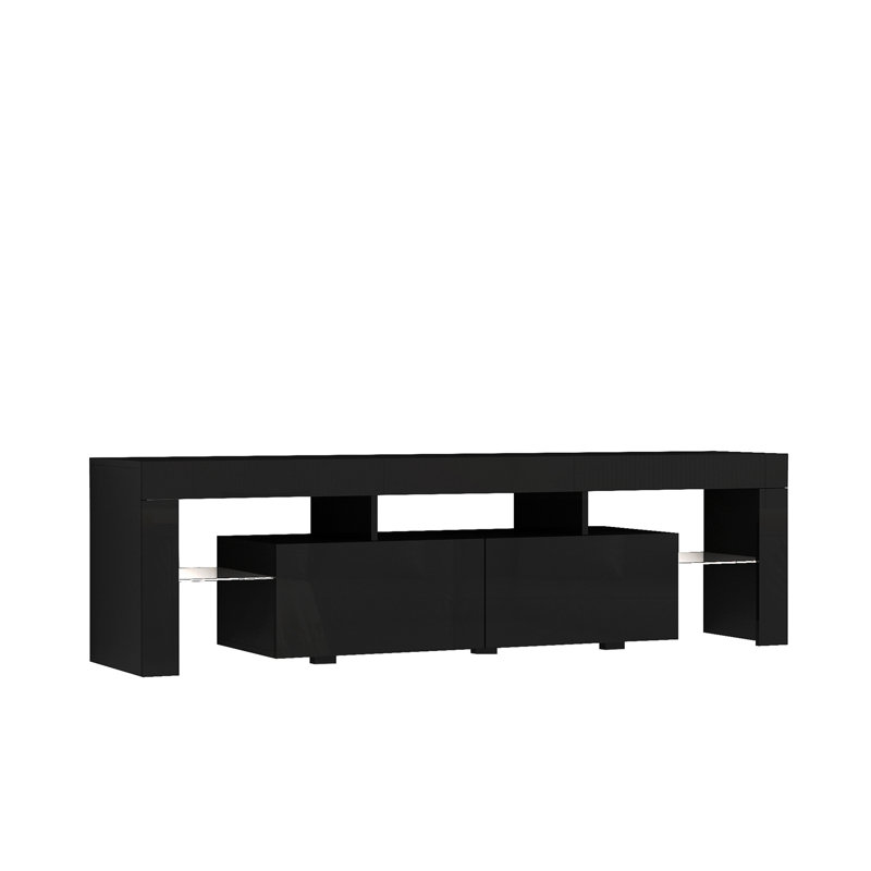 Meuble télé ultrabrillant avec lumières DEL pour téléviseur de 65 po ou moins, console de télévision moderne avec armoires de rangement pour le salon, noir