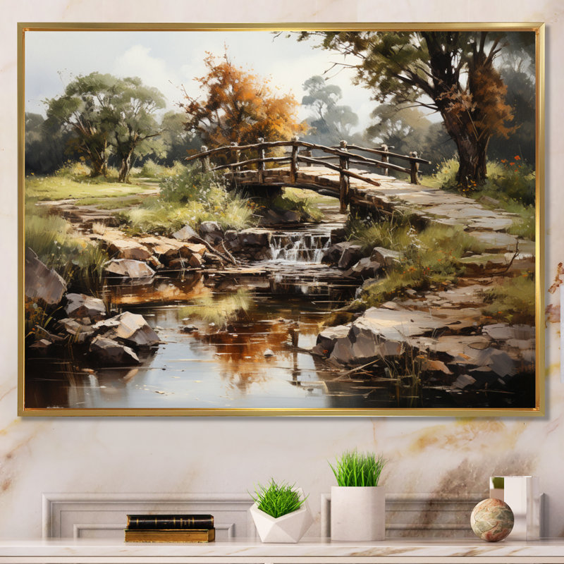 Art mural de style «pont», pont, vert, Cadre flottant doré, H 34 po x l 44 po x P 1,5 po
