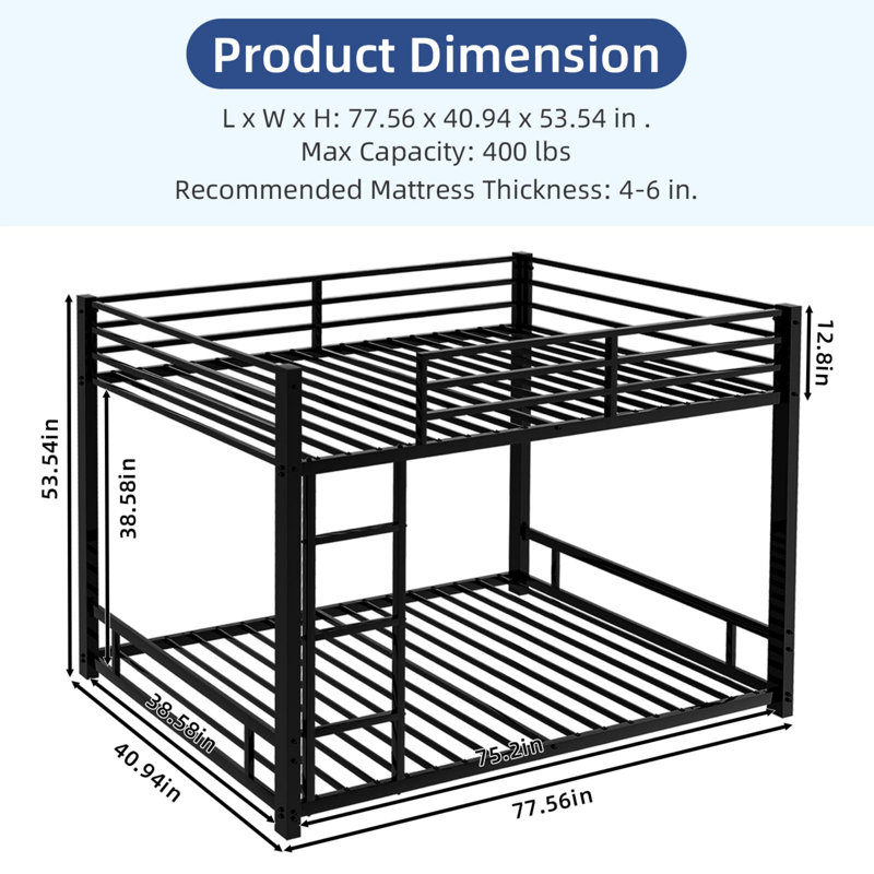 Structure de lit superposé en métal, lit superposé en acier robuste avec garde-corps pleine longueur et échelle intégrée, lit superposé en métal peu encombrant, lit superposé pour chambre d'enfant