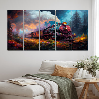 Steamtrain Travelling In The Sunset Painting - Train Wall Art Print - 5 Equal Panels