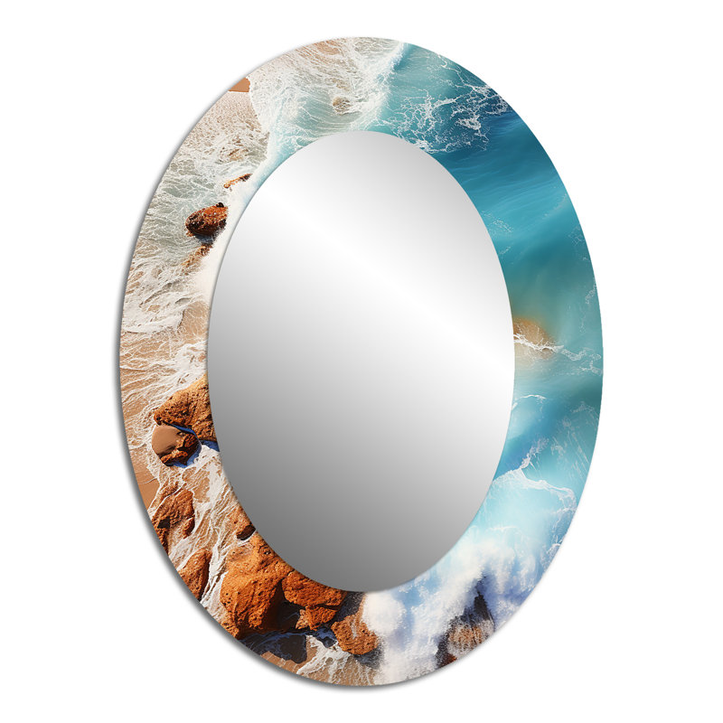 Vue aérienne de Rocky Beach II - miroir décoratif ovale côtier sur métal, 40 po x 30 po