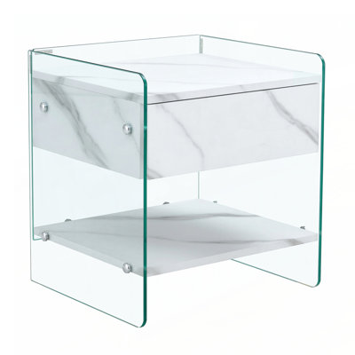 Table de chevet élégante en panneau de fibres à densité moyenne avec tiroirs et côtés en verre trempé transparent, combinant style et rangement pour les intérieurs modernes.