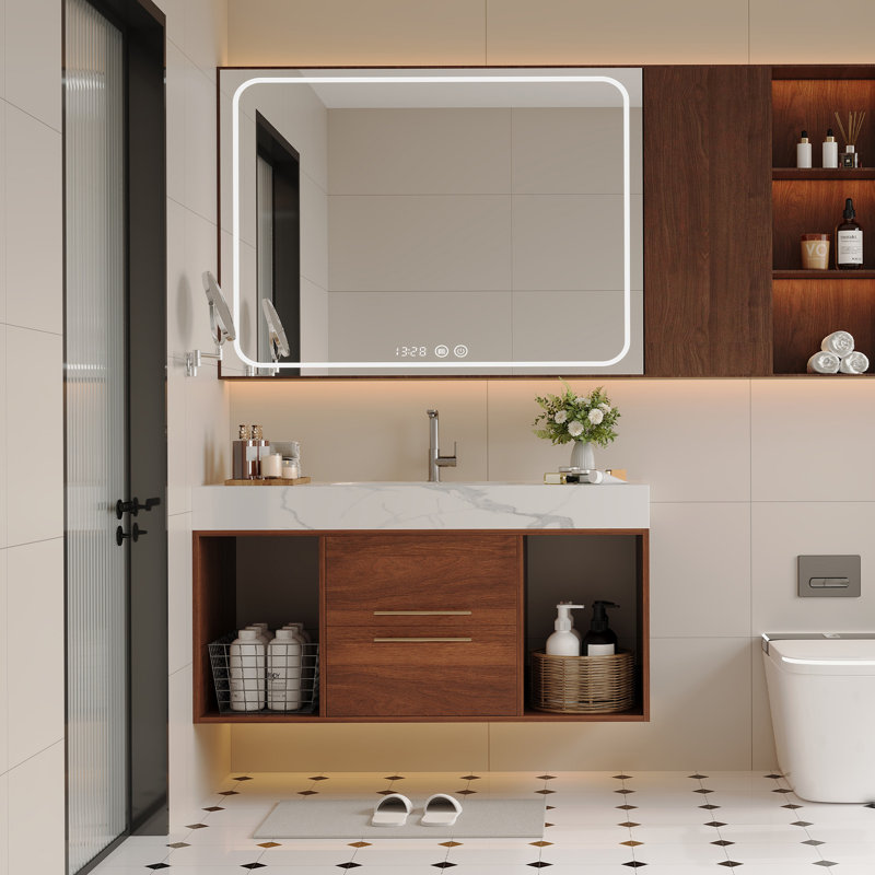 Meuble-lavabo flottant avec lavabo en céramique, meuble-lavabo mural avec 2 tiroirs à fermeture en douceur