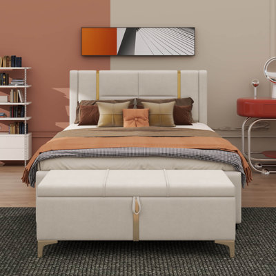Ensemble de chambre à coucher élégant 2 pièces comprenant un grand lit plateforme tapissier avec un lit gigogne intégré, deux tiroirs de rangement, une veilleuse et un port de charge USB