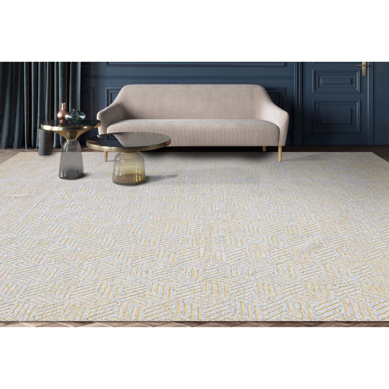 Tapis blanc en laine noué à la main, Rectangle de 10 pi x 14 pi