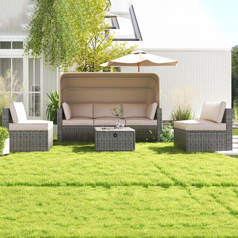 6 Piece Outdoor Daybeds Set with Retractable Canopy, PE Rattan Patio Lounge Set w/ Adjustable Backrests, Chaise Lounges & Coffee Table, Outdoor Furniture with Canopy for Garden Poolside Backyard, Gray and Beige