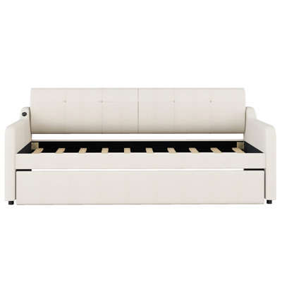 Lit de jour rembourré beige avec couchette amovible et lit de charge simple pliable -
