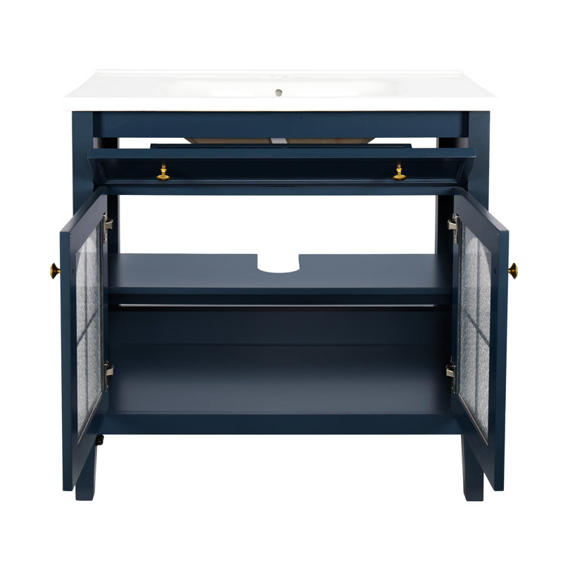 Meuble-lavabo bleu 35,6 po avec verre, éclairage activé par le mouvement, 2 armoires, design, d'inspiration médiévale, lavabo intégré et évier automatique Mid-Century avec beaucoup d'espace de rangement, style et preuve
