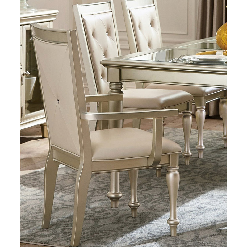 2pc Silver Arm Chairs - Back With Crystal Buttons, Classy Dining Finish Button Back, Elegant