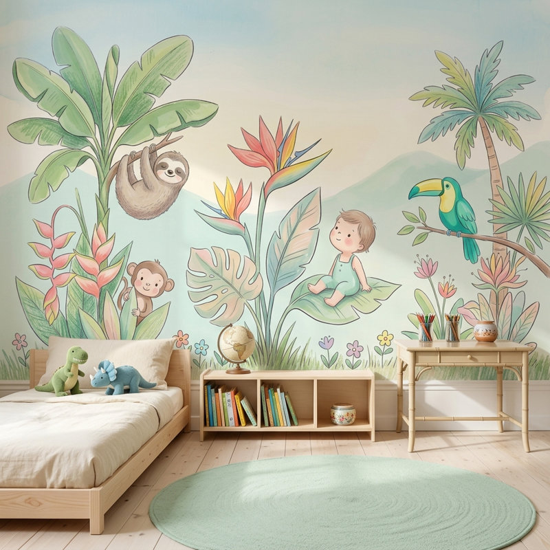 Décoration murale aquarelle tropicale Jungle, Texturé non collé, 100 po x 96 po