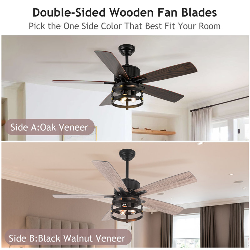 52'' Farmhouse Caged Ceiling Fan With Light Kit and Remote, Dual Finish Blades Reversible Ceiling Fan with light