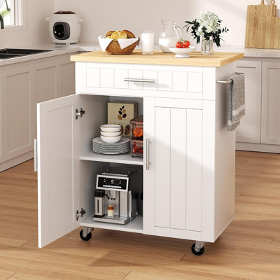 Chariot roulant de cuisine avec armoire de rangement, support pour micro-ondes, tiroirs, tablette réglable et porte-serviettes, blanc