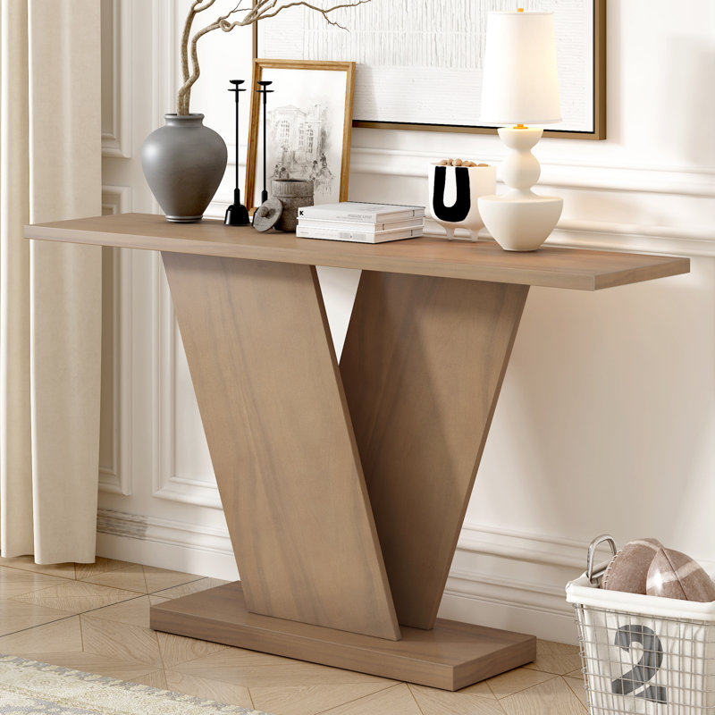 Console avec placage en bois naturel - Superbe style minimaliste, base en V stable, grand plateau de table, installation facile, capacité de 220 lb, brun, profondeur de 59,6 po, largeur de 14,26 po, hauteur classique de 34,36 po