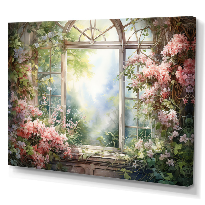 «Pink Blossoming Country Window Gaze II», reproduction d'art sur toile encadrée, Toile tendue, H 24 po x l 32 po x P 1 po
