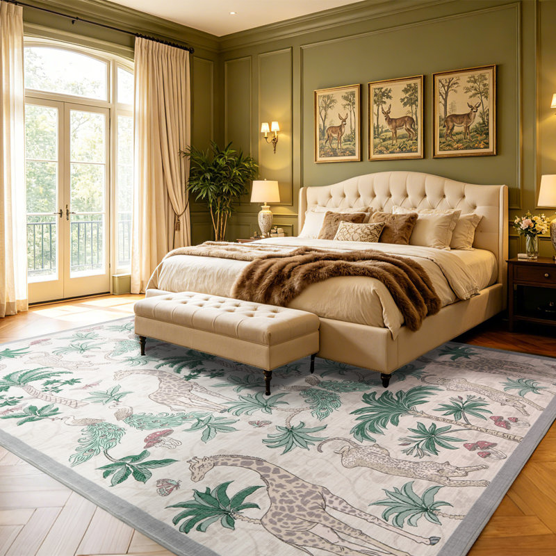 Tapis lavable à motif botanique tropical, Beige, Rectangle 9 pi x 12 pi