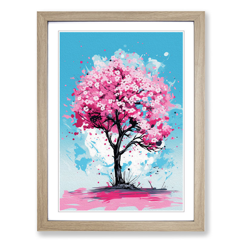 Cherry Blossom Tree Pop - Single Picture Frame Print on Wood, Oak Framed, 34cm H x 25cm W x 2cm D